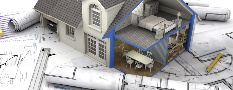 Architectural cutaway model of a home on construction drawings